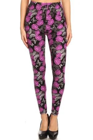 Women's 3X 5X Purple Rose Butterfly Pattern Printed Leggings