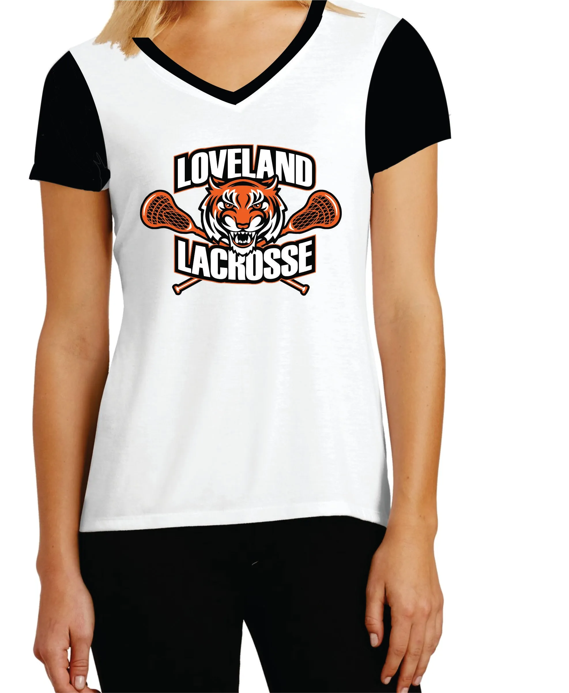 Women's Fitted V Neck T-Shirt Contrast Sleeves #300