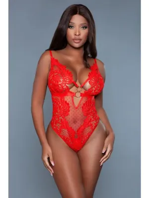 Women's Floral Lace Cheeks Out Thong Style W/ Metal Hoop Front Design Red Bodysuit