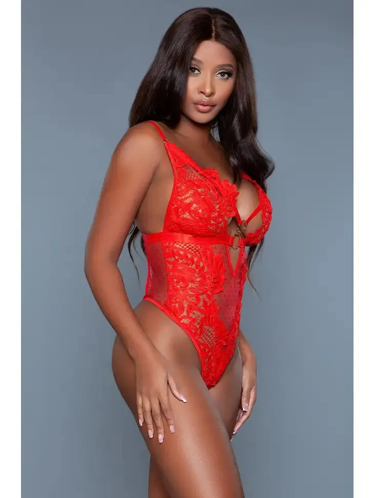 Women's Floral Lace Cheeks Out Thong Style W/ Metal Hoop Front Design Red Bodysuit
