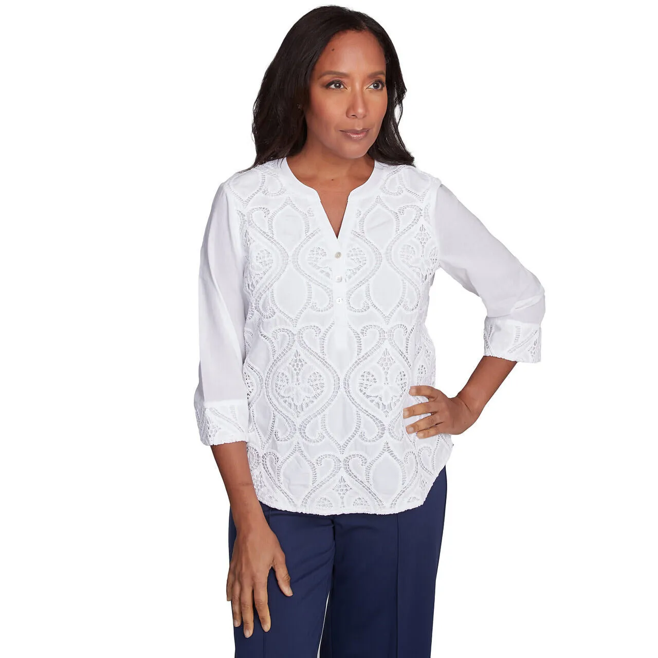 Women's Lace Scroll Solid Henley Top - 89443