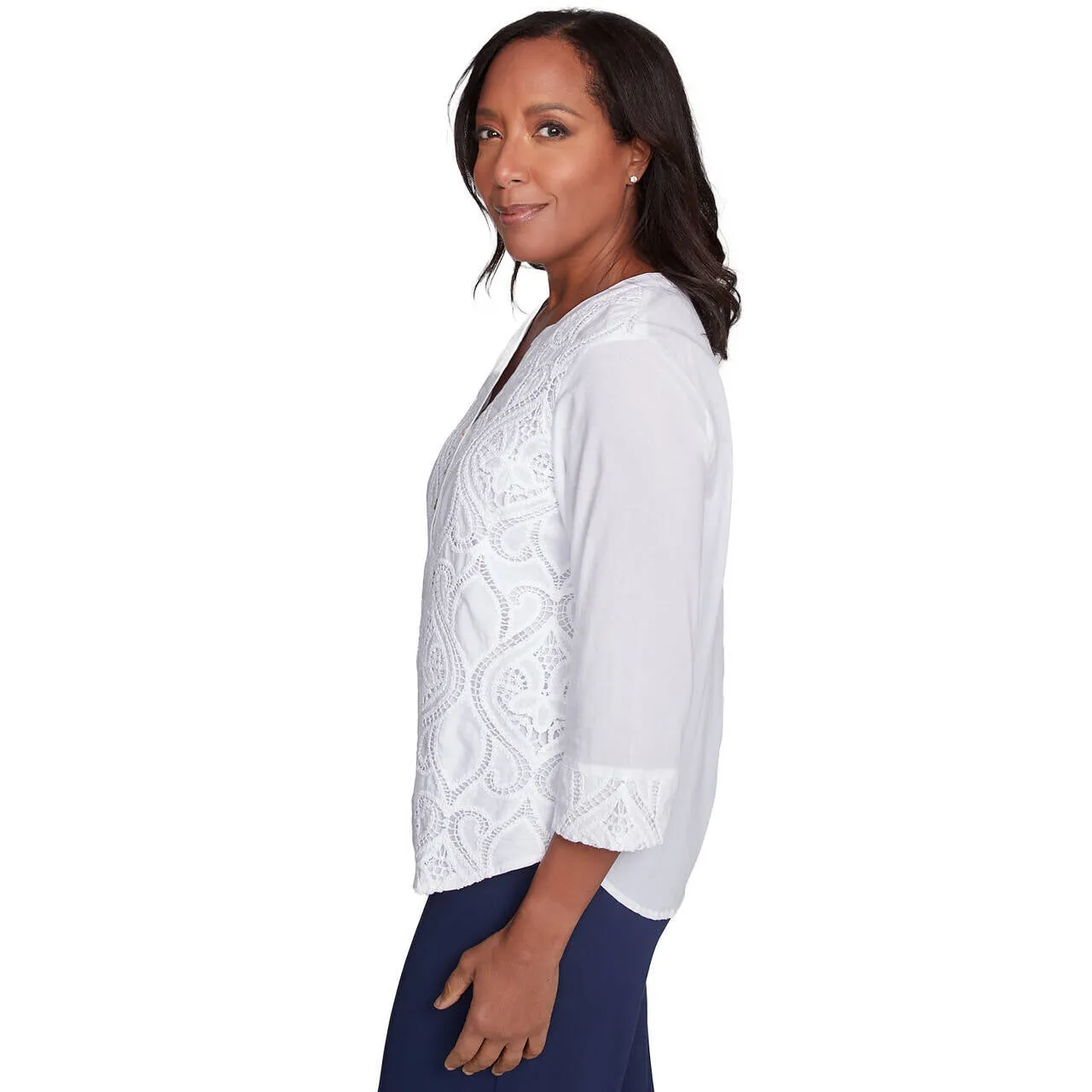 Women's Lace Scroll Solid Henley Top - 89443