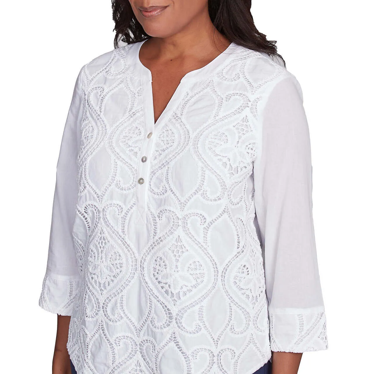 Women's Lace Scroll Solid Henley Top - 89443