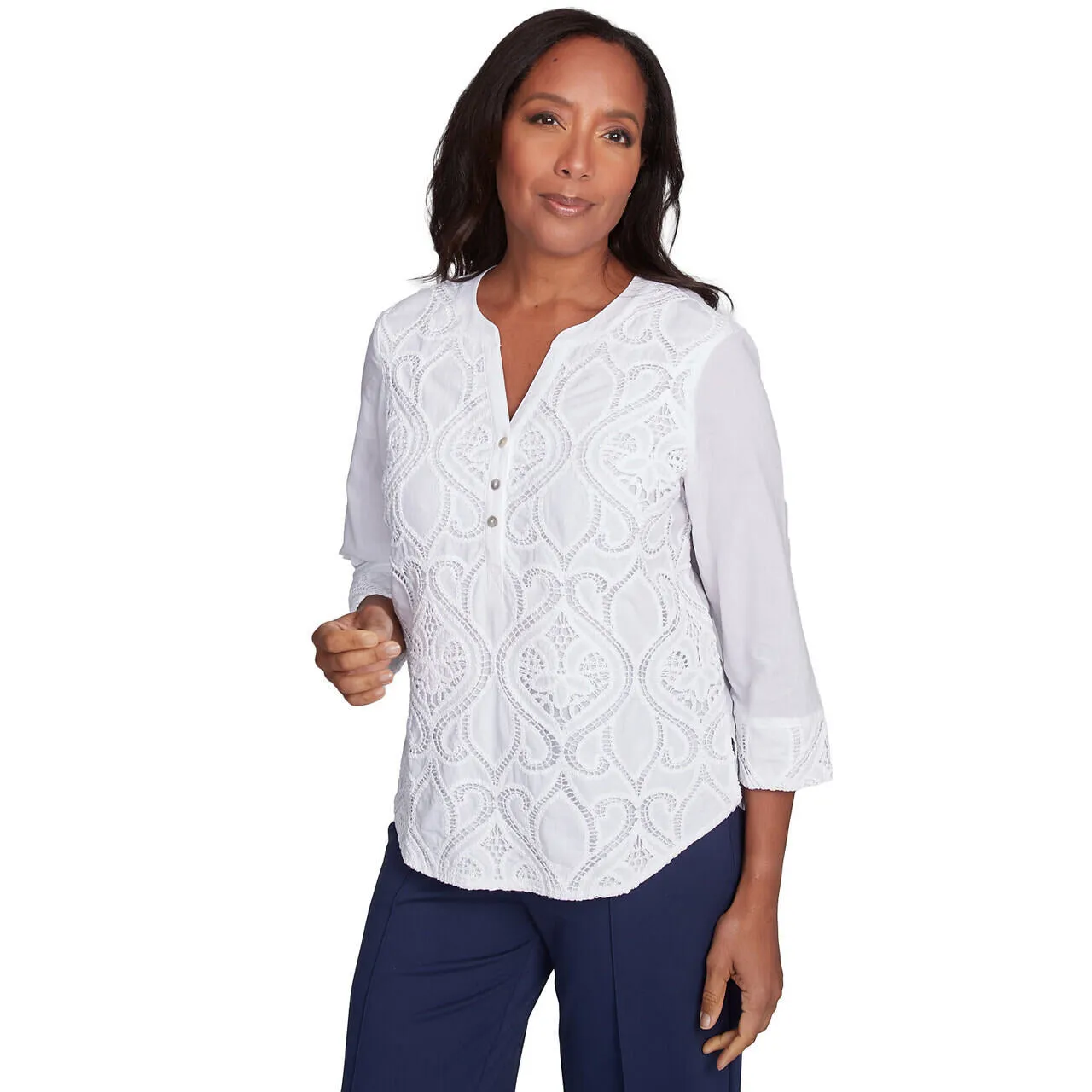 Women's Lace Scroll Solid Henley Top - 89443