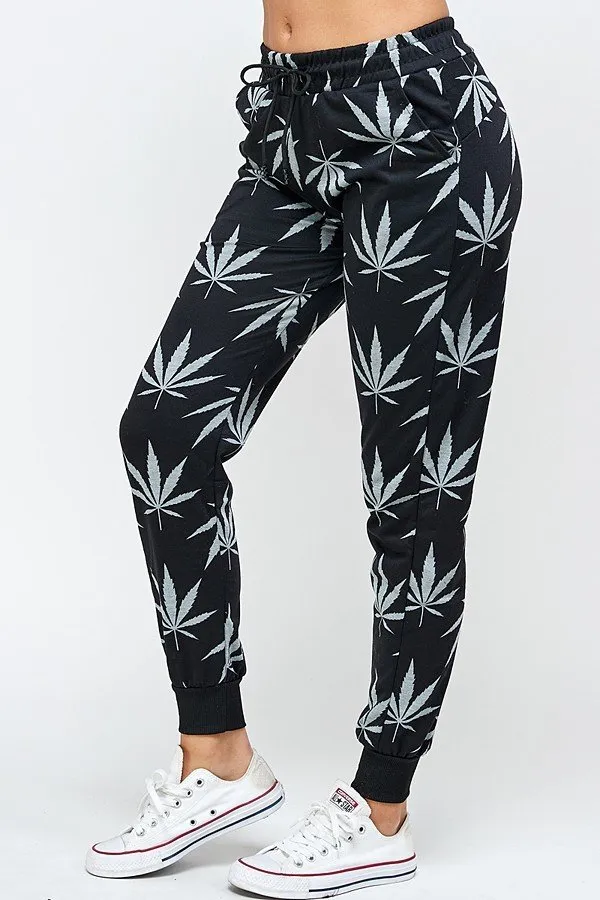 Womens Regular Allover Cannabis Printed Drawstring Joggers with Pockects
