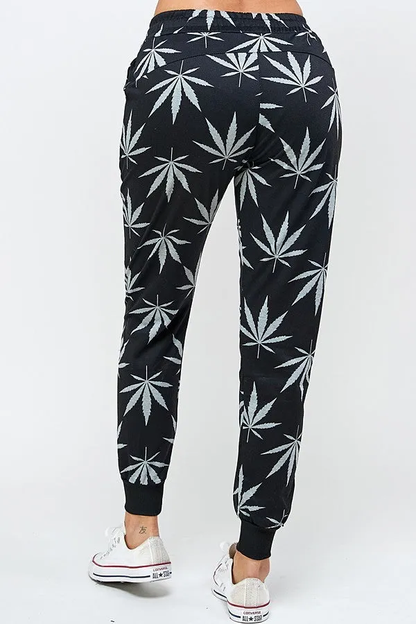 Womens Regular Allover Cannabis Printed Drawstring Joggers with Pockects