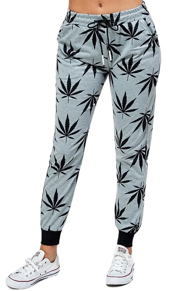 Womens Regular Allover Cannabis Printed Drawstring Joggers with Pockects