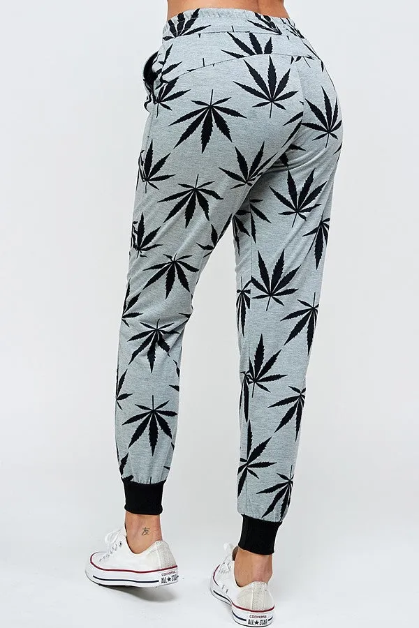 Womens Regular Allover Cannabis Printed Drawstring Joggers with Pockects