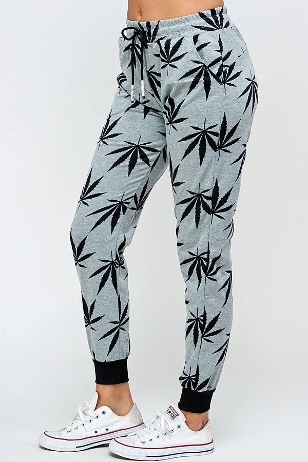 Womens Regular Allover Cannabis Printed Drawstring Joggers with Pockects