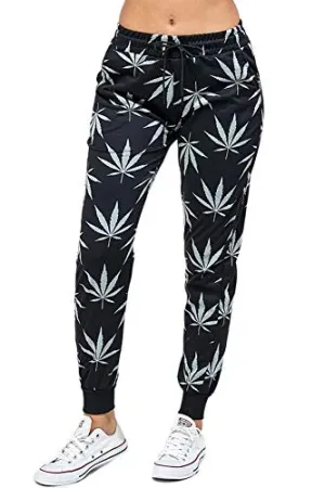 Womens Regular Allover Cannabis Printed Drawstring Joggers with Pockects