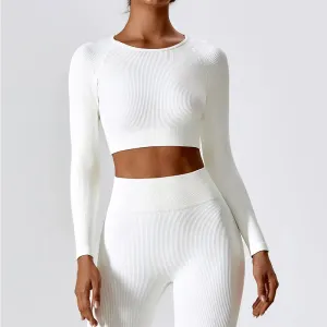 Women's Ribbed Long Sleeve Yoga Top: Workout Fitness Gym Sports Crop Shirt