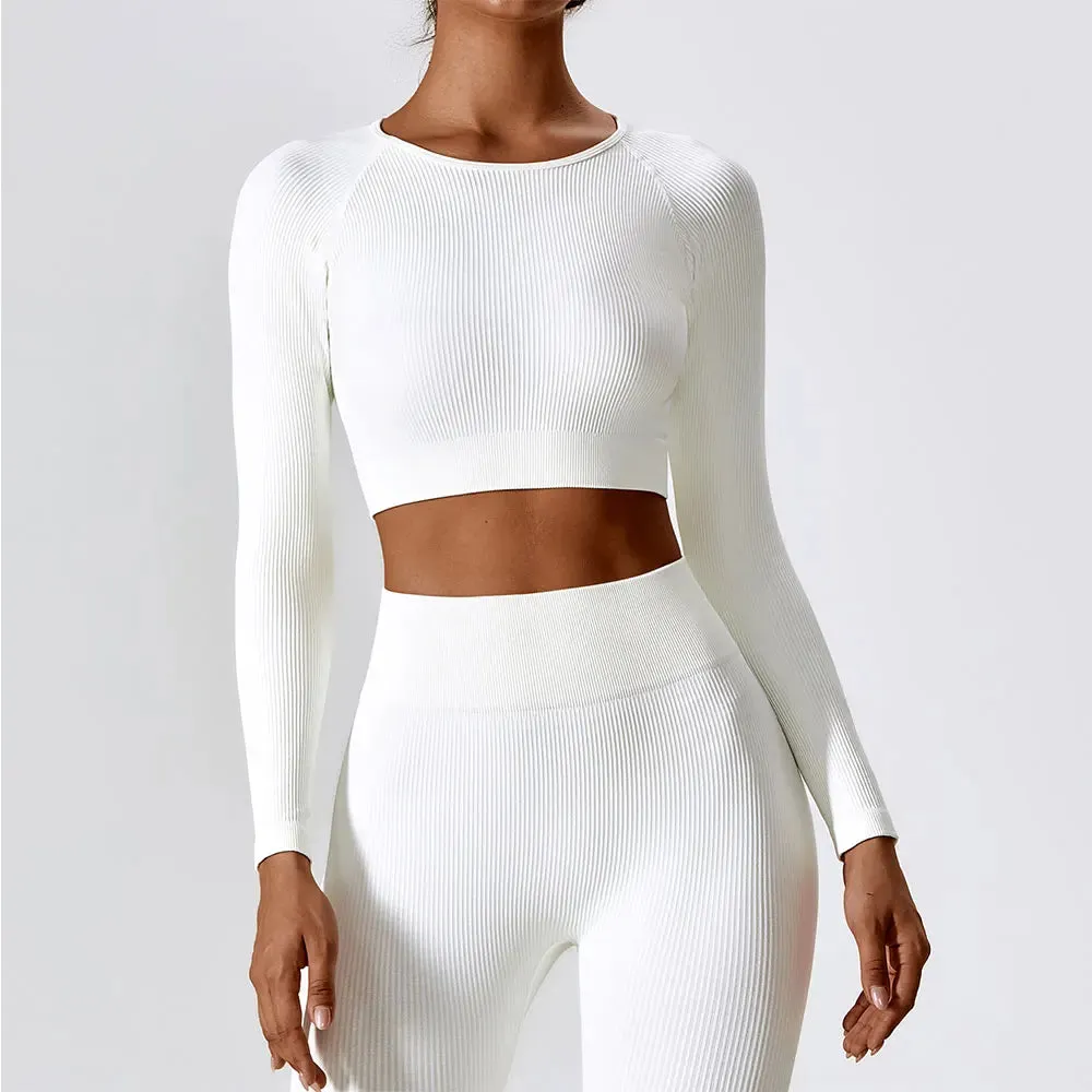 Women's Ribbed Long Sleeve Yoga Top: Workout Fitness Gym Sports Crop Shirt
