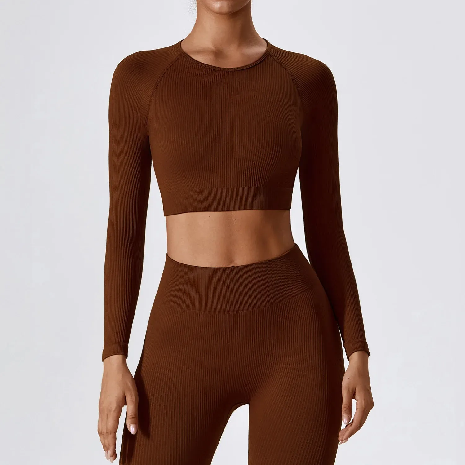 Women's Ribbed Long Sleeve Yoga Top: Workout Fitness Gym Sports Crop Shirt