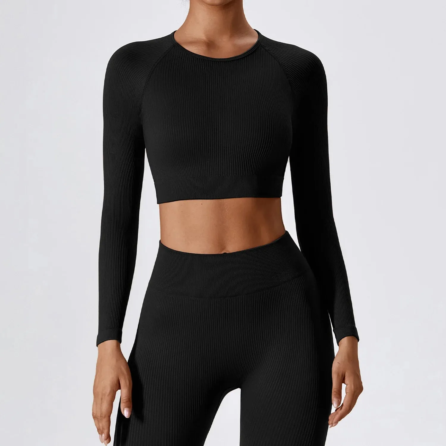 Women's Ribbed Long Sleeve Yoga Top: Workout Fitness Gym Sports Crop Shirt