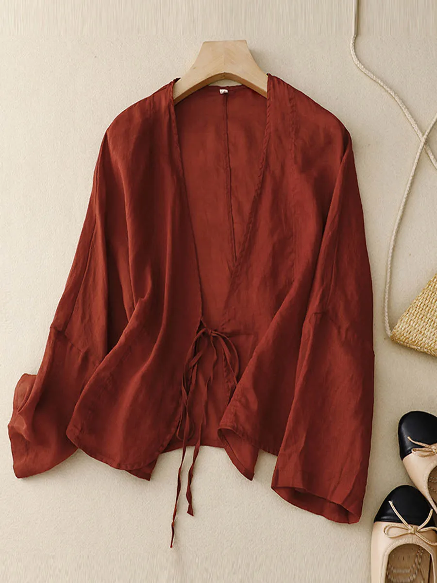 Women's Solid Color Cotton And Linen Lace-Up Cardigan Tops