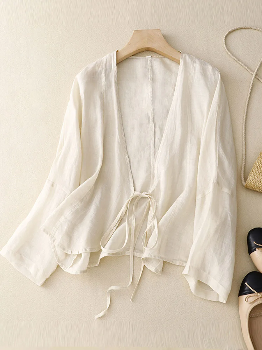 Women's Solid Color Cotton And Linen Lace-Up Cardigan Tops