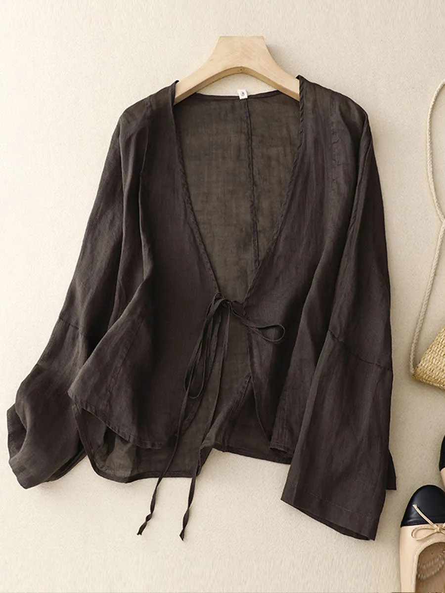 Women's Solid Color Cotton And Linen Lace-Up Cardigan Tops