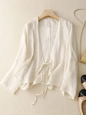 Women's Solid Color Cotton And Linen Lace-Up Cardigan Tops