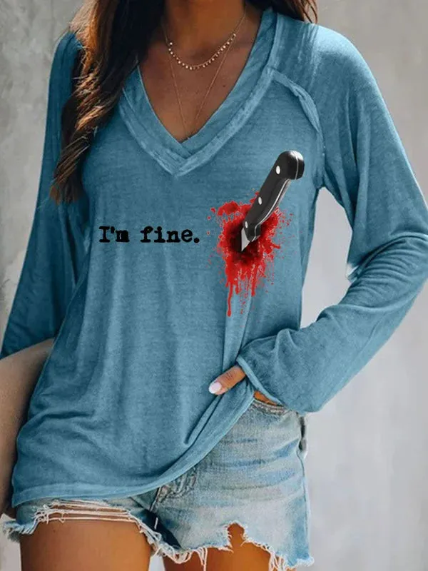 Women's T-Shirt I'm Fine Printed V-Neck Long Sleeve