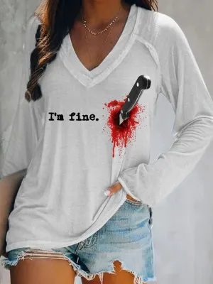 Women's T-Shirt I'm Fine Printed V-Neck Long Sleeve