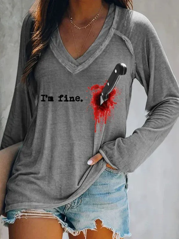 Women's T-Shirt I'm Fine Printed V-Neck Long Sleeve