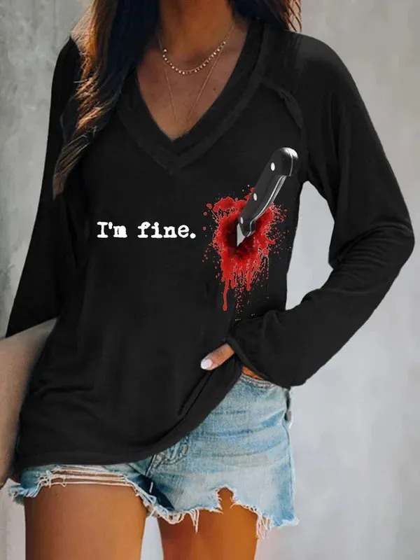 Women's T-Shirt I'm Fine Printed V-Neck Long Sleeve