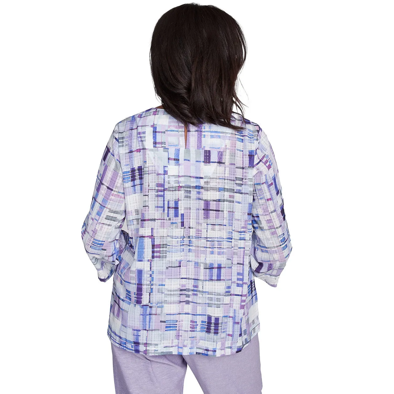Women's Watercolor Plaid Lace Neck Top - 93442