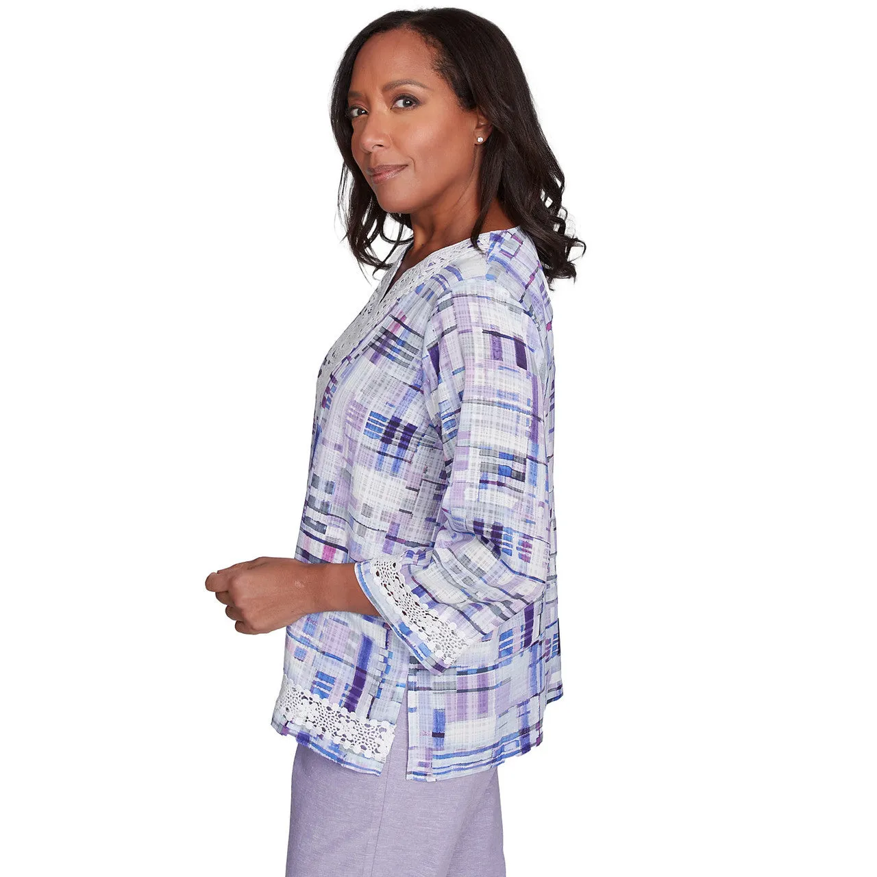 Women's Watercolor Plaid Lace Neck Top - 93442