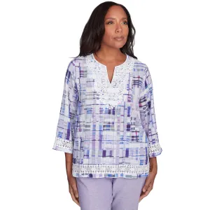 Women's Watercolor Plaid Lace Neck Top - 93442