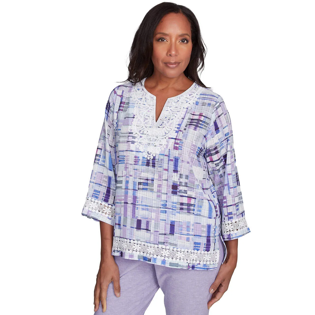 Women's Watercolor Plaid Lace Neck Top - 93442
