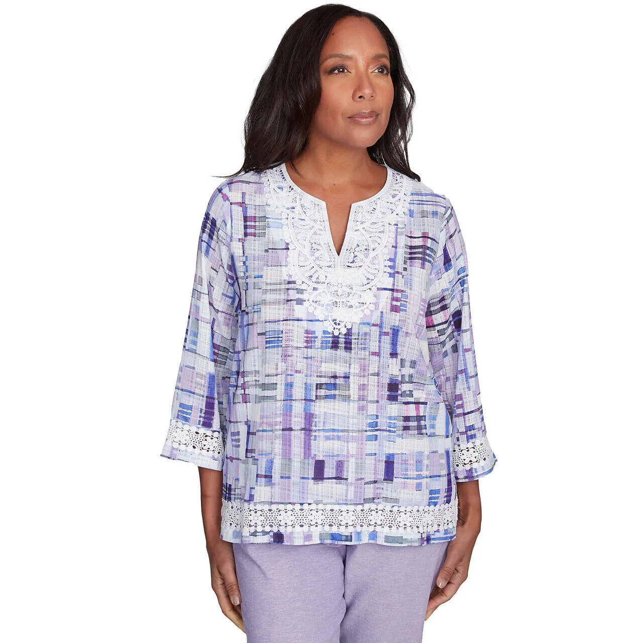 Women's Watercolor Plaid Lace Neck Top - 93442