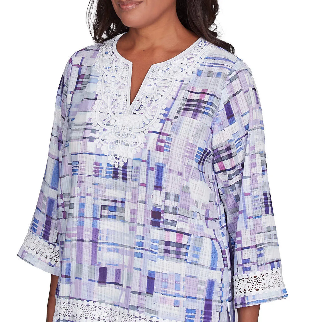 Women's Watercolor Plaid Lace Neck Top - 93442