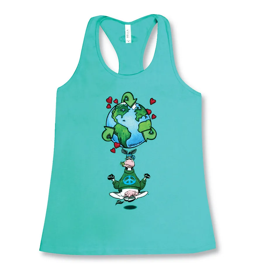 Yoga shirt | Racerback 100% Cotton | Namooste Yoga Cow Loves Recycling | Positive Message Shirt